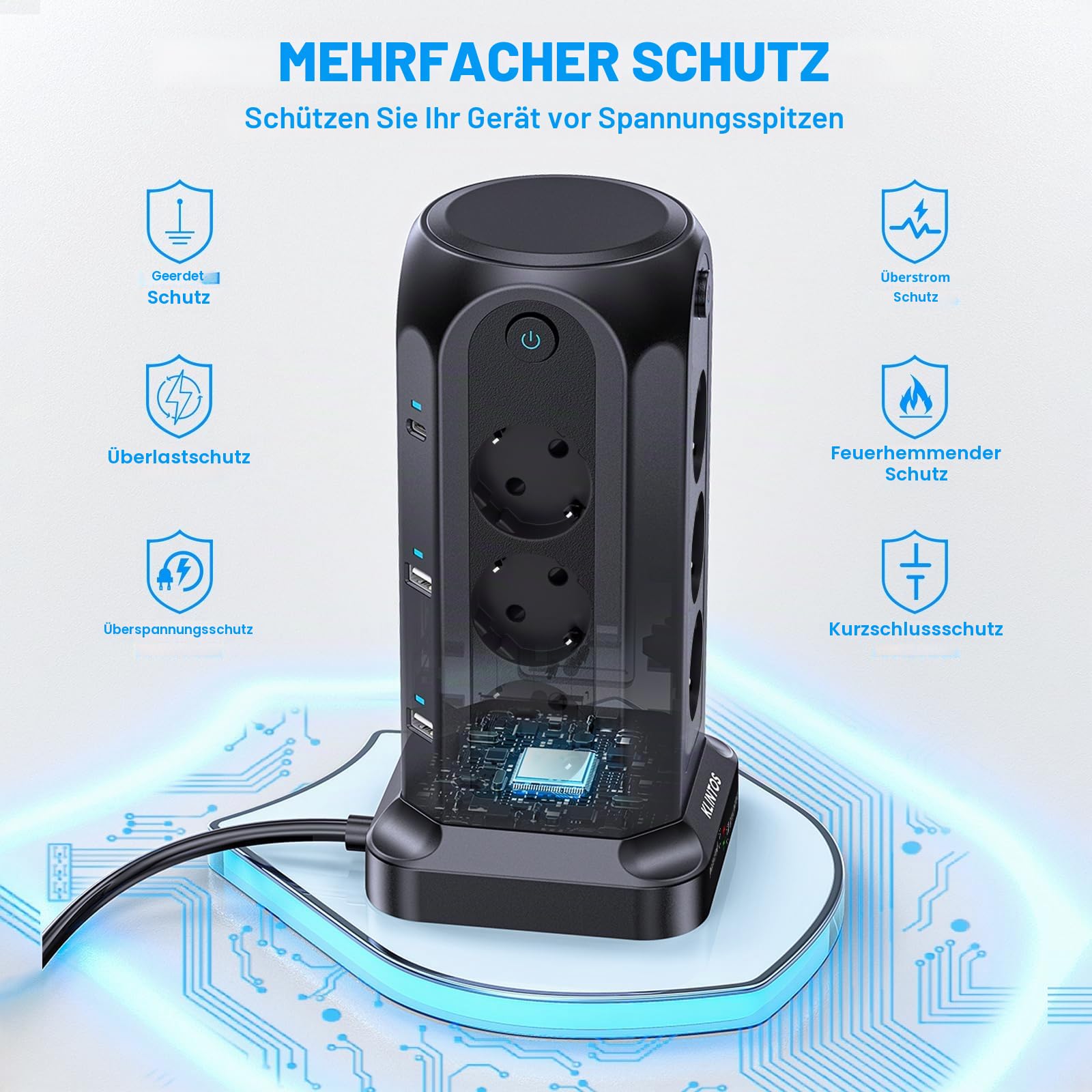 12 Fach Steckdosenleiste mit Schalter, 6 USB Mehrfachsteckdose Überspannungsschutz, Steckerleiste mit 2M Verlängerungskabel, Steckdosenturm Mehrfachstecker für Zuhause,Büro,Küche