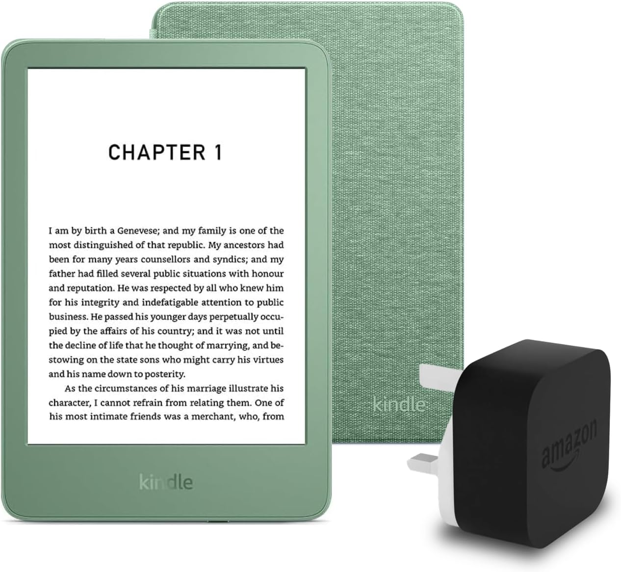 Kindle (2024 Release) 16 GB with ads, an Amazon Fabric Cover and an Amazon Powerfast 9W Power Adapter