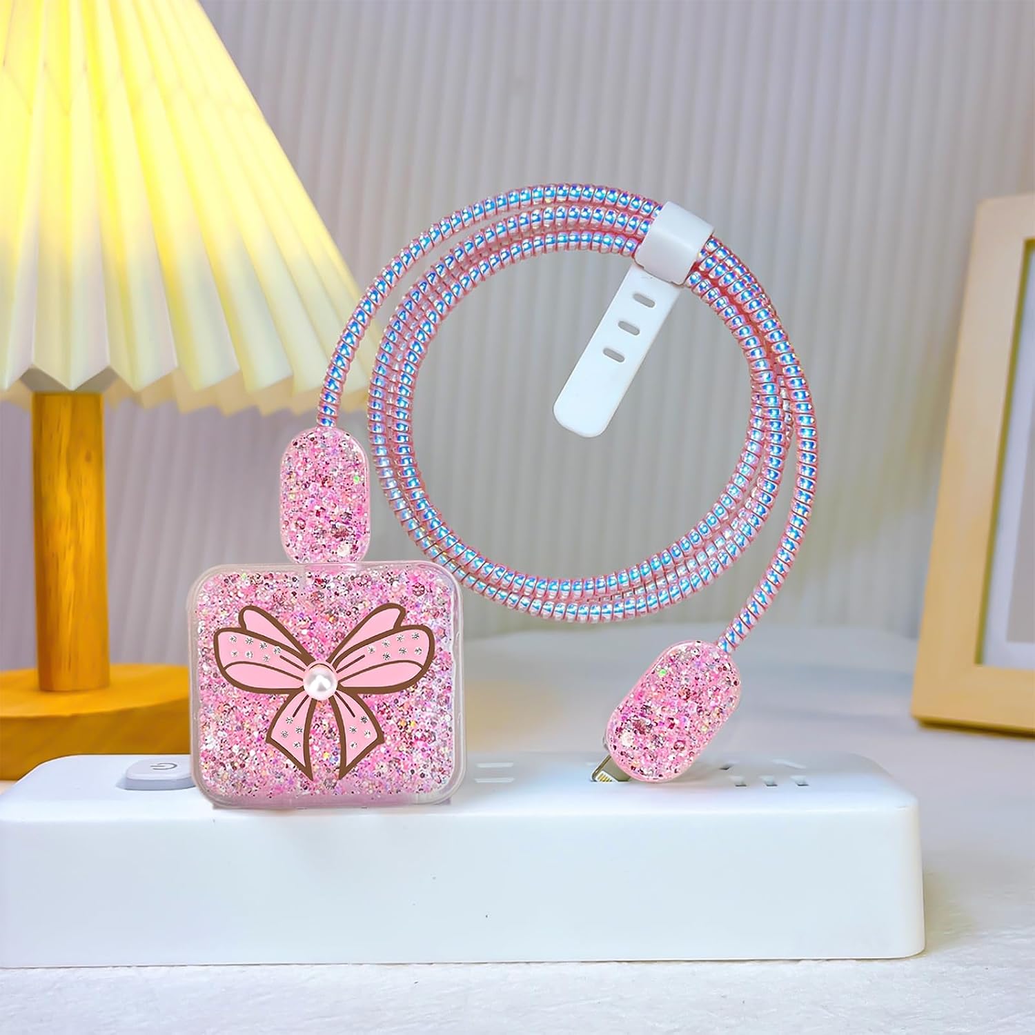 CameCosy Glitter Cable Protector for iPhone 18W/20W Adapter Charger, Bling Luxury Butterfly Bow Tie Pattern, Clear Data Line Cable Wire Saver Charger Protector for iPhone 11 12 13 14 15 Pro Max-Pink
