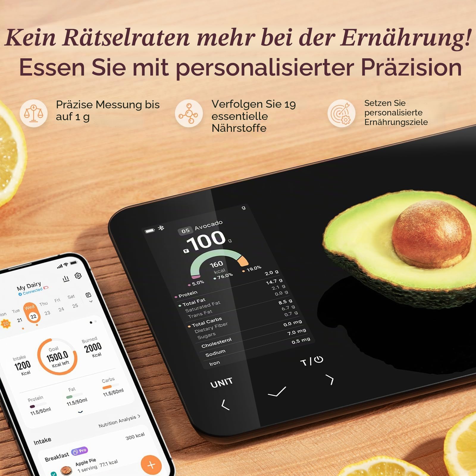 COSORI Intelligente digitale Lebensmittel-Küchenwaage mit Ernährungsrechner, Nährstoffinformationen auf dem Bildschirm, kostenlose App für Kalorien- und Makro-Tracking, KI-Scan, persönliche Ziele, zur