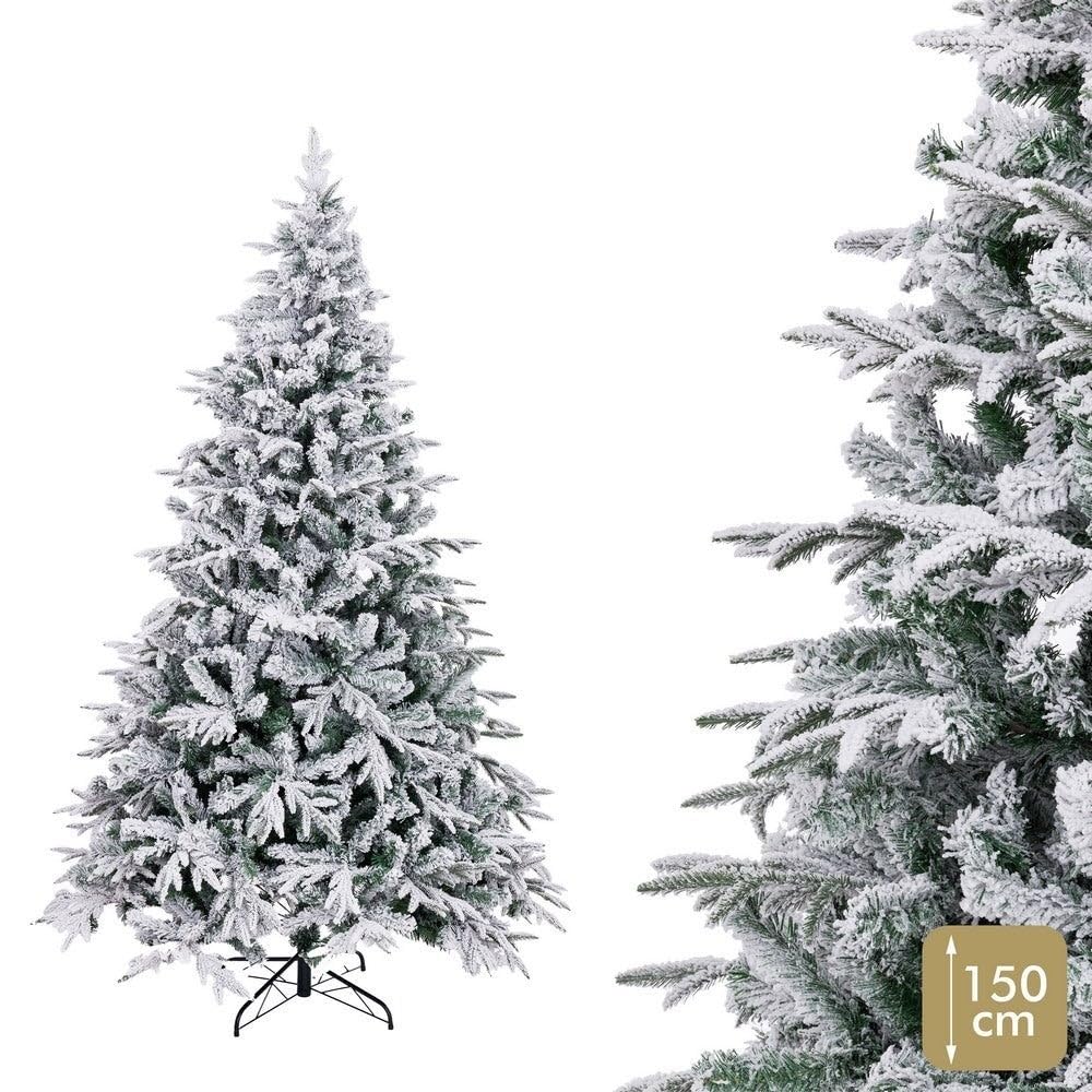 Árbol de Navidad artificial plegable nevado verde y blanco de 150 cm | Diseño compacto y seguro con 357 ramas ignífugas. Muy práctico para salones pequeños que buscan un toque mágico invernal.