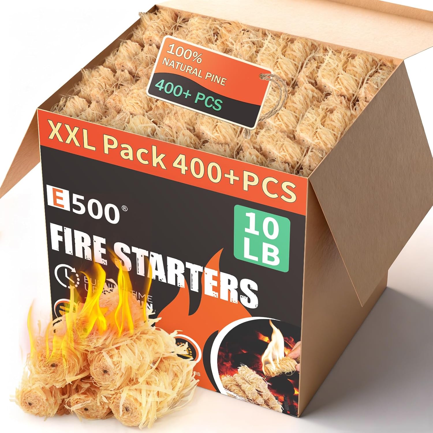 E500 Fire Starter - 400+pcs Natural Pine Fire Starters for Fireplace, Campfires, Fire Pit, BBQ, Pellet Stove, Wood, Pizza Oven - Chimney Charcoal Starter for Grill, 10lb Large Box, Quick Ignite