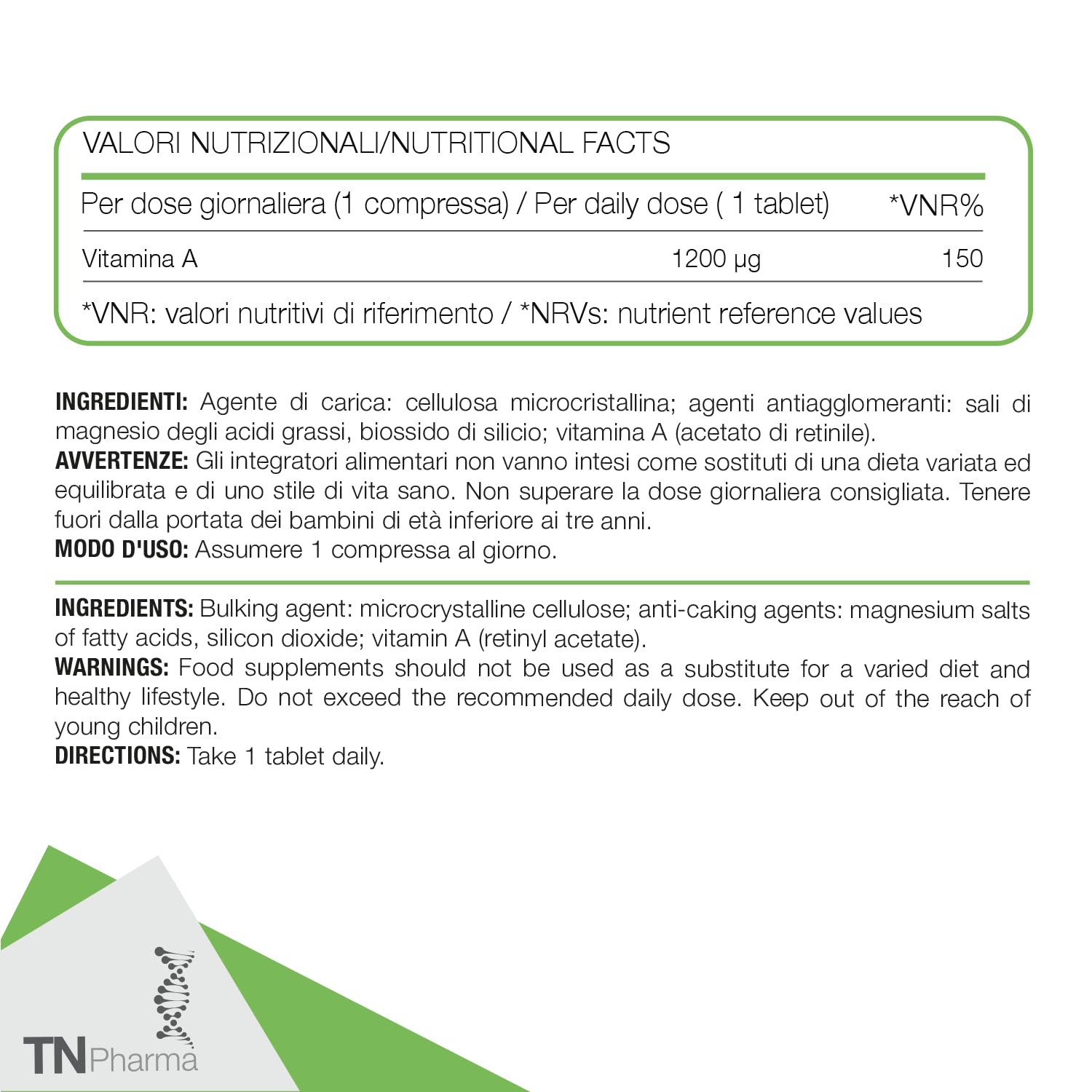 Tn Pharma Vitamina A, 1200 µg, 60 Compresse, Integratore Alimentare, Senza Glutine e Lattosio, Per Sistema Immunitario, Vista e Pelle