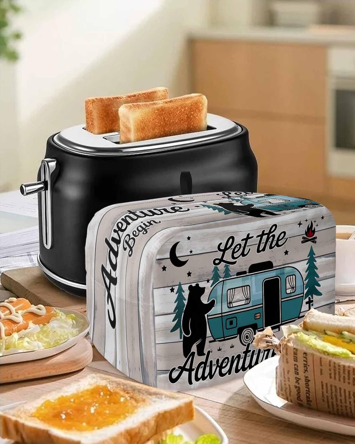 Camper Van Bear Toaster Cover 4 Slice Let The Adventur Vintage Wood Grain Toaster Dust Cover with Top Hook, Kitchen Small Appliance Covers Dustproof Bread Machine Toasters Oven Protector