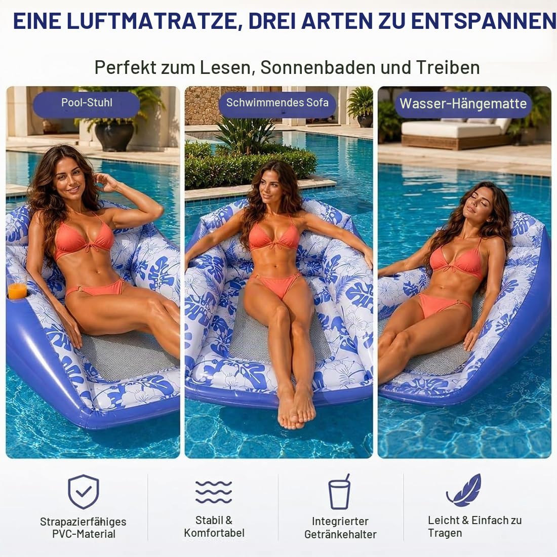 2026 Neue aufblasbare 3-in-1-Poolliege, ergonomisches Stützdesign