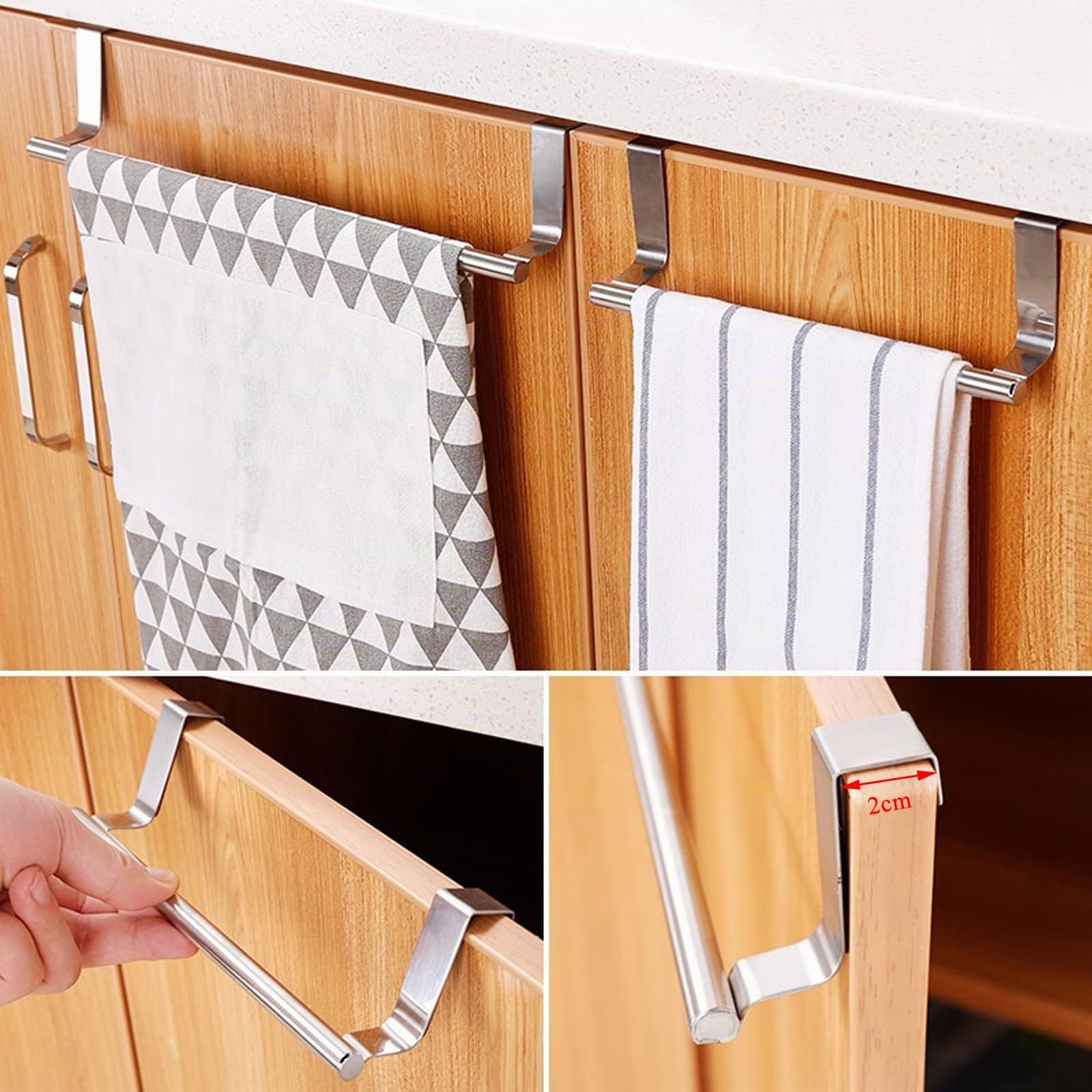 Porta Salviette per Armadio Della Cucina, Appendi Strofinacci in Acciaio Inossidabile, Appendere Alle Anta, Senza forare, per Cucina e Bagno, Argento, 2 Pezzi