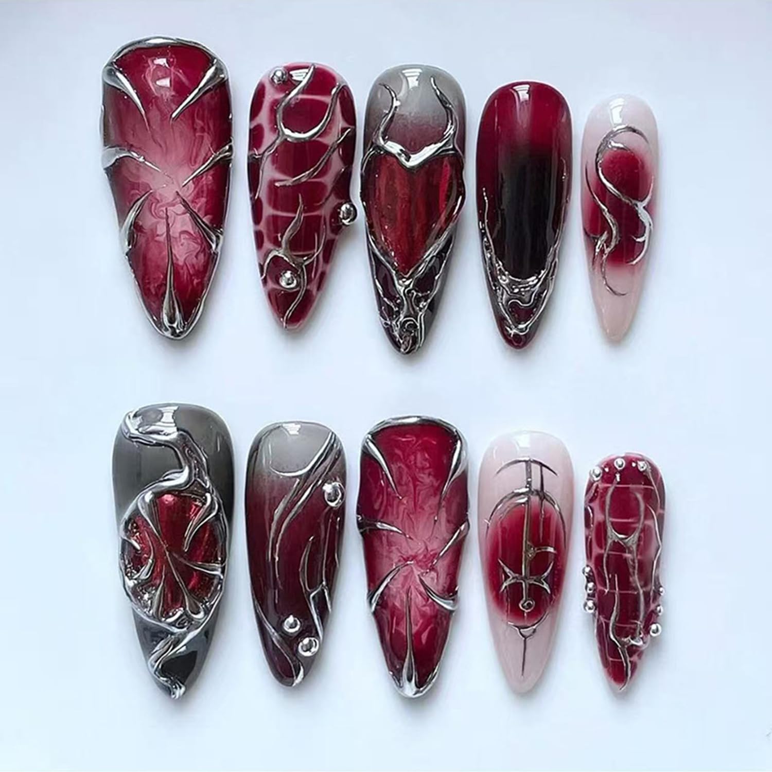 Gothic Press on Nails - Long Stiletto Punk Metal Tips