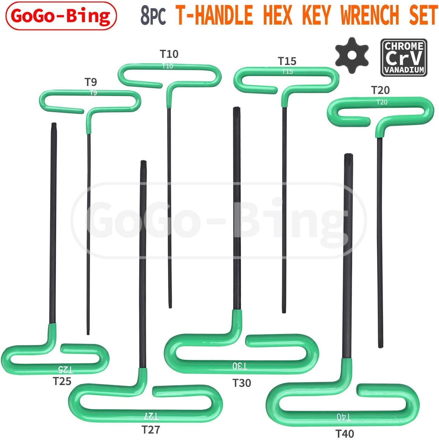 GogoBing Cushion Grip Hex T-Key Torx Key Wrench Set - 8pc set Torx Sizes T9, T10, T15, T20, T25, T27, T30, T40, Green