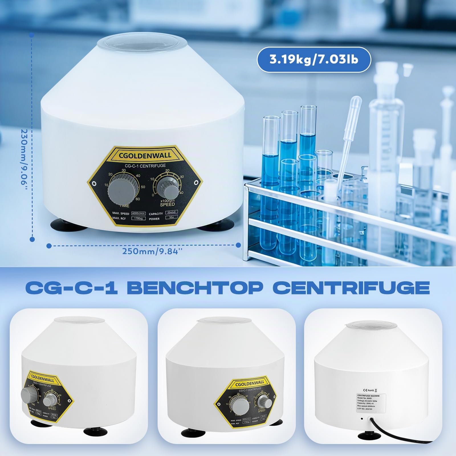 CGOLDENWALL Centrifugeuse de Laboratoire avec Tubes de 6*20ml, Max.Vitesse 4000 tr/min, Minuterie de 0-60mins, Max.RCF de 1790xg, pour La Séparation des Échantillons, Tubes de 5/7/10/15ml Disponibles