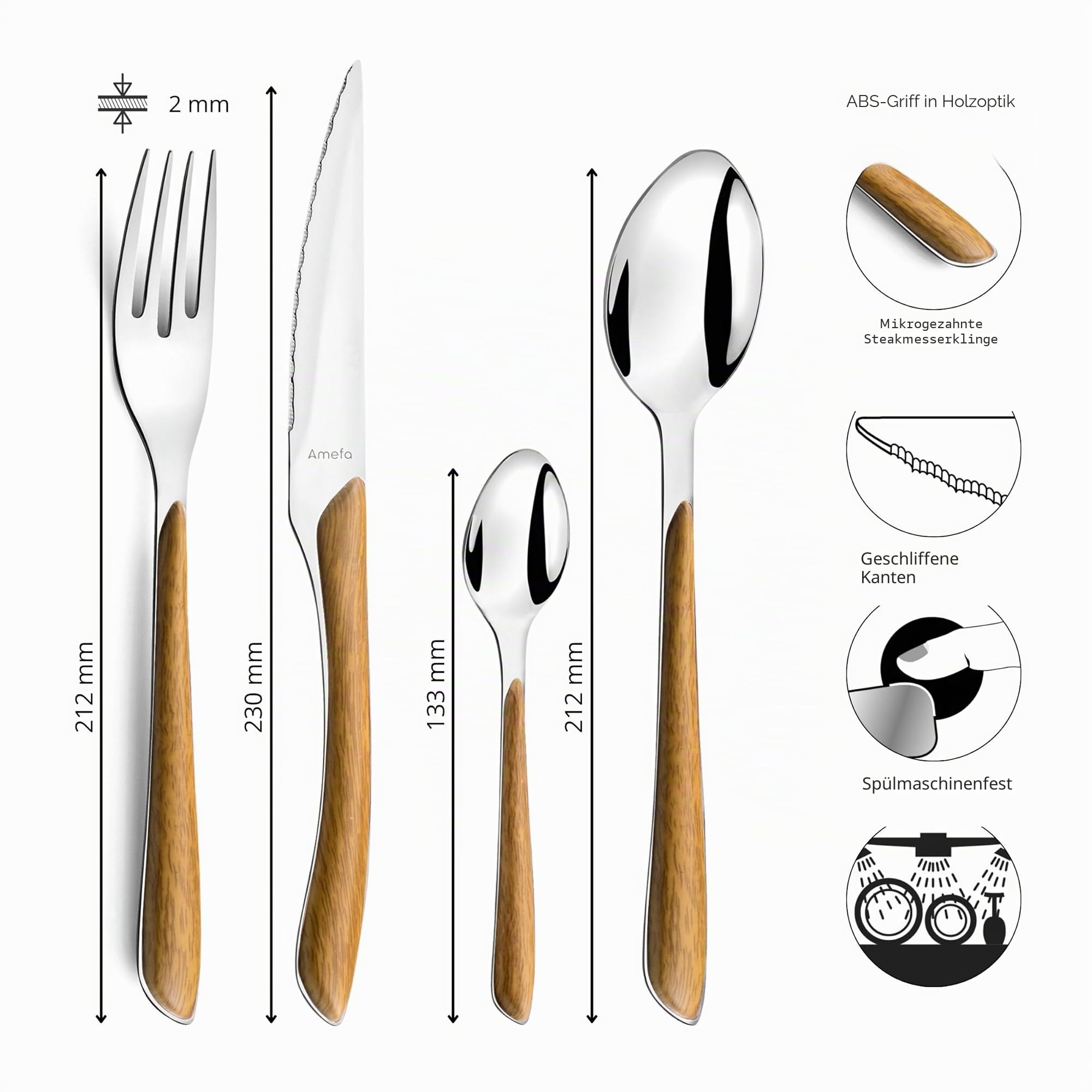 Amefa ECLAT Besteck Set NATURE Braun Holz Essbesteck 24-teilig für 6 Personen Edelstahl rostfrei Kunststoff-Griffschalen in Holzoptik spülmaschinenfest Besteck Set 6 Personen