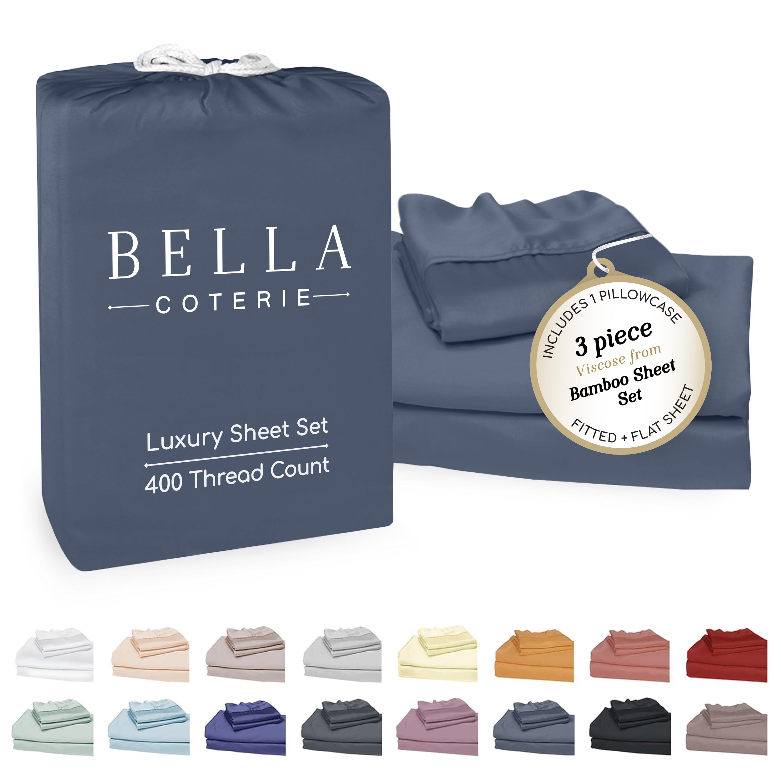 Bella Coterie Luxury Bamboo Viscose Twin Size Sheet Set | 100% Organically Grown | Ultra Soft | Cooling for Hot Sleepers | 18" Deep Pocket [Slate Blue] — image 1