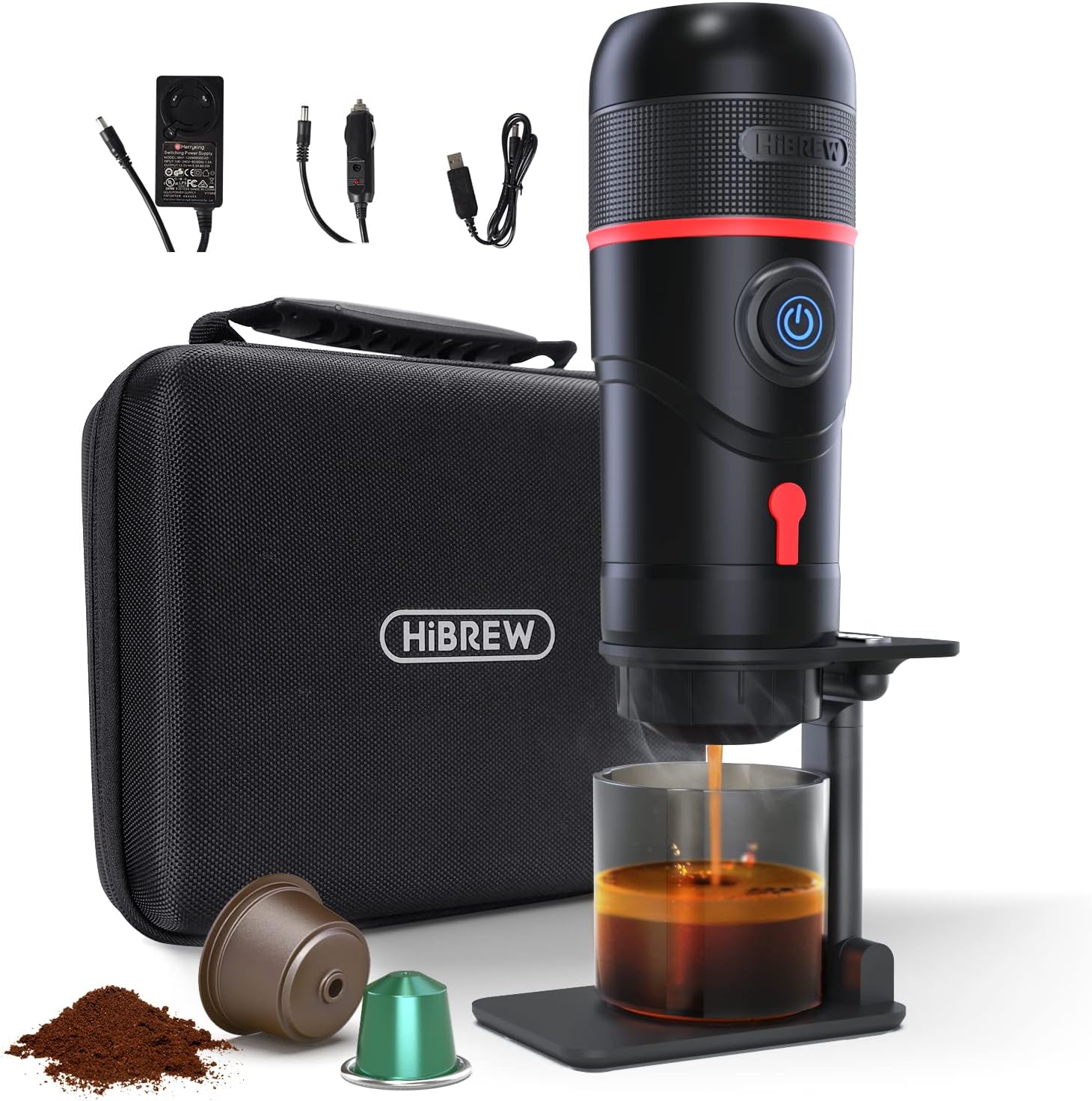 HIBREW 3-in-1 Portable Espresso Maker for Car, Nes* Original/DG* Pod/Ground Coffee Compatible, 12 Volt Espresso Maker for Pods, 15 Bar, 2 oz, with Foldable Holder&Carrying Case (Black)
