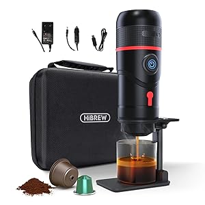HIBREW H4- Cafetera portátil para coche DC12 V, cafetera Expresso cafetera expreso en cápsulas de café en polvo Perfecto para Coche y Camping, Compatible con cápsulas Nespresso (Premium,negro)