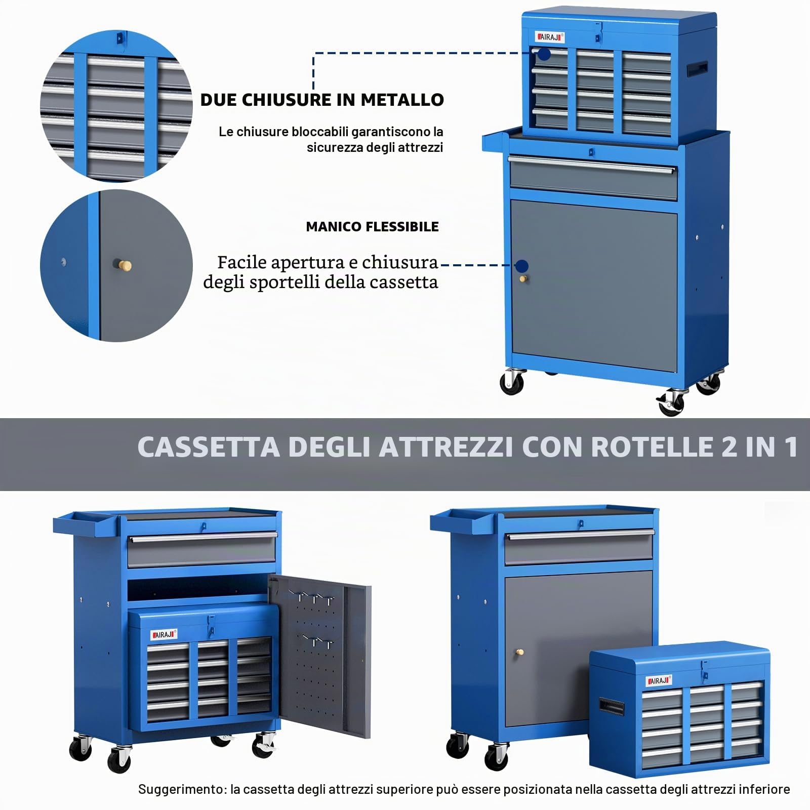 AIRAJ Carrello Da Officina con 7 Cassetti,2 IN 1 Carrello da Officina con Ganci,2 Ruote Per Freni,Grande Capacità Adatta a Garage,Officine di Riparazione.