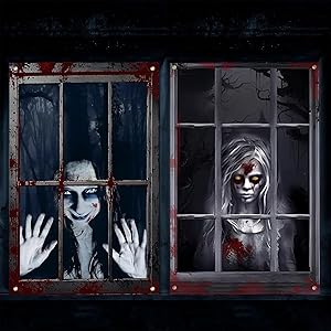 2 Unidades Pegatinas Halloween Ventana, Espeluznante Pegatinas Ventana Halloween Niña Fantasma Animada Tela Cortina Decoración para Interiores Exteriores Decoración Fiestas Accesorios