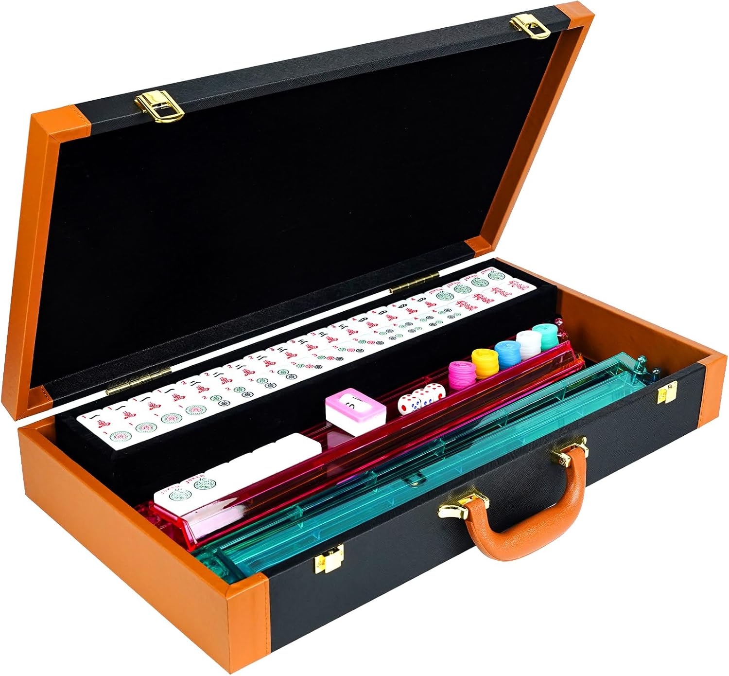 Mahjong Set, American Mahjong Set, 166 White Engraved Mah Jong Tiles Game Set, with Premium Carrying Case, with 4 Racks with Pushers, Betting Coins, Dice, Manual, Mah Jong Set Gifts