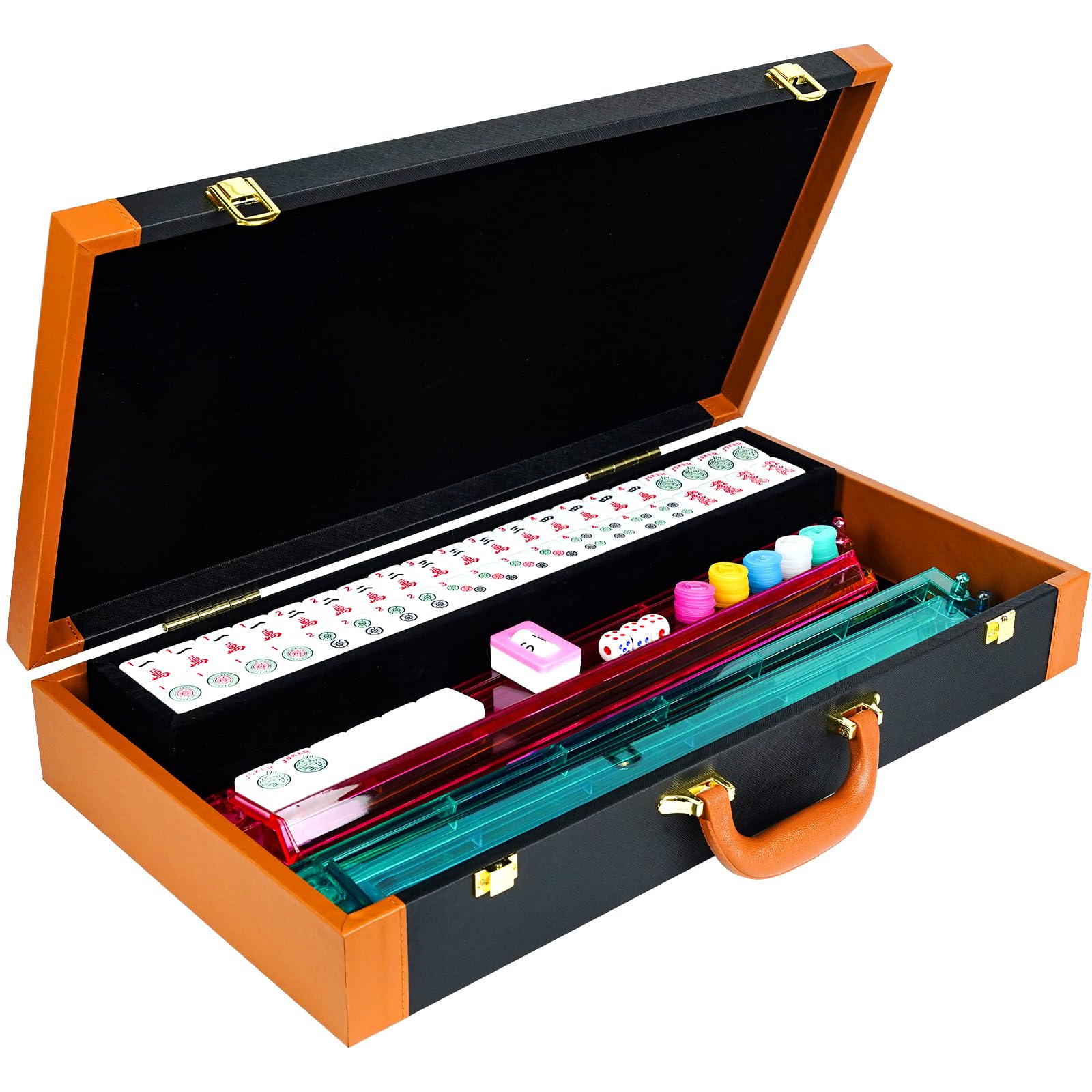 Mahjong Set, American Mahjong Set, 166 White Engraved Mah Jong Tiles Game Set, with Premium Carrying Case, with 4 Racks with Pushers, Betting Coins, Dice, Manual, Mah Jong Set Gifts