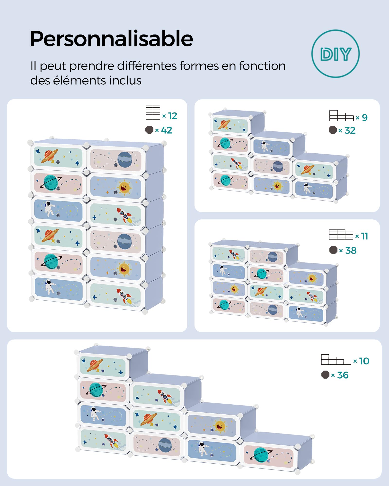 SONGMICS Étagère à Chaussures Modulable Enfants, Meuble de Rangement 12 Emplacements, Armoire avec Étagères en Plastique, Organisateur avec Portes, 31 x 81 x 106 cm, Bleu Clair LPC907Q01