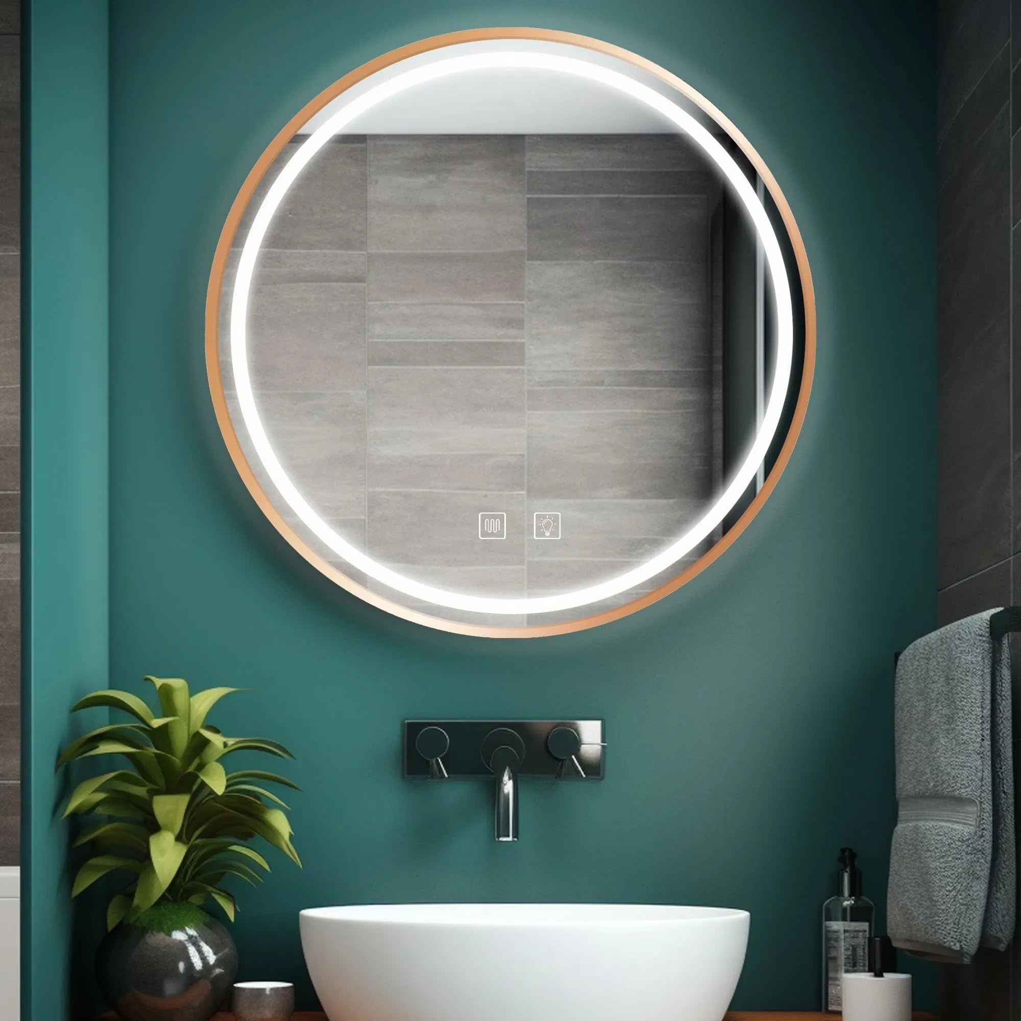 Rea - Lustro Ścienne Łazienkowe Led P11397 Mmj 80cm, Szkło, Miedziany Szczotkowany Okrągłe 2X80X80cm