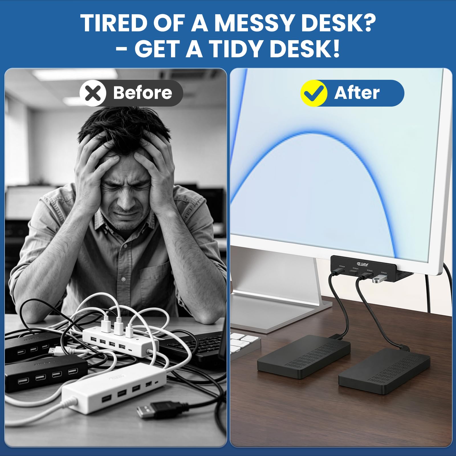 EJAY 4 puertos USB 3.0 HUB abrazadera de aluminio divisor USB 3.0 para escritorio/monitores con puerto de fuente de alimentación adicional, datos de 59 pulgadas y cables de alimentación de 39