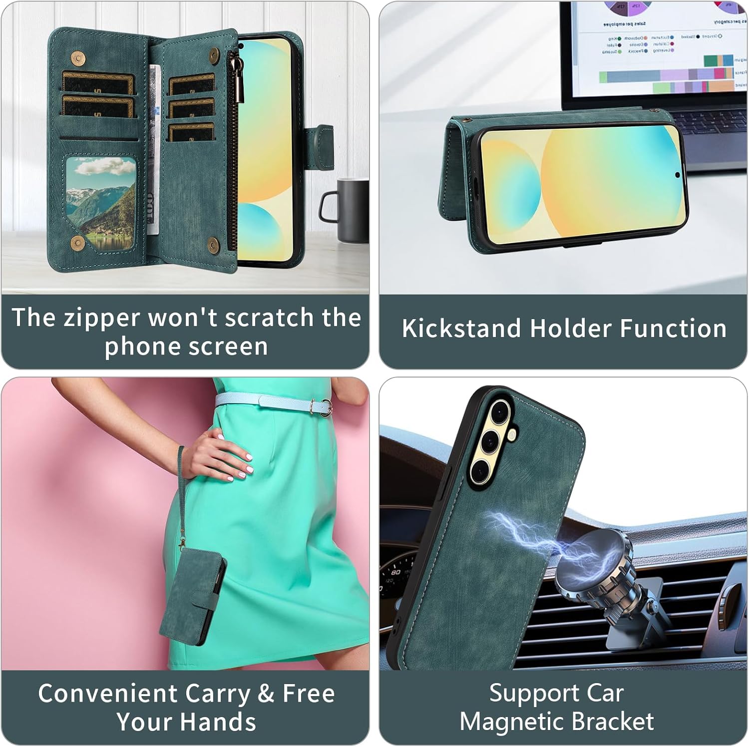 Asuwish Phone Case for Samsung Galaxy S24 FE 5G Zipper Wallet Detachable Magnetic Cover with Tempered Glass Screen Protector Crossbody Lanyard Strap Card Holder Slot S 24 EF S24FE 24S Women Girls Blue