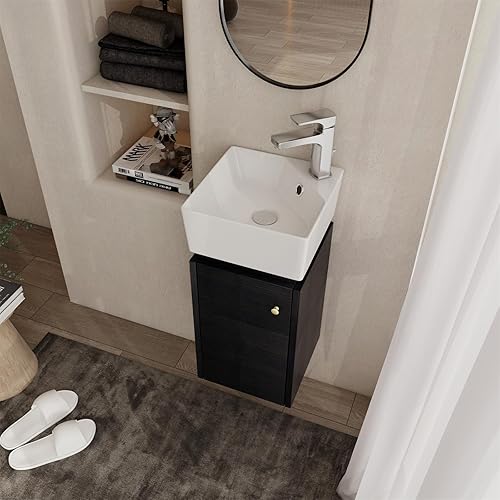 Miniatura 3 de Combo de lavabo de baño montado en la pared para espacio pequeño, moderno juego de tocador de baño con parte superior de fregadero de cerámica,