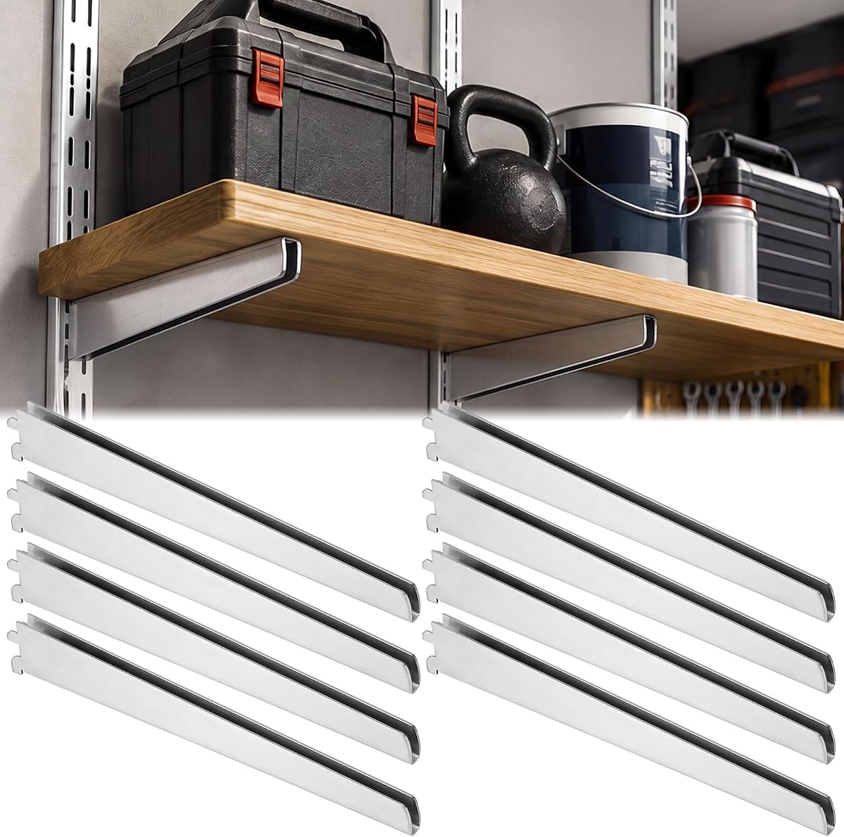 Frienda 8 Pack 14 Inch Double Slot Shelf Brackets, Heavy Duty Dual Track | Supports with Upturned Lip for 10–14 Inch Wood Shelves, Galvanized Adjustable Wall Shelving Brackets, for Garage Tool Storage