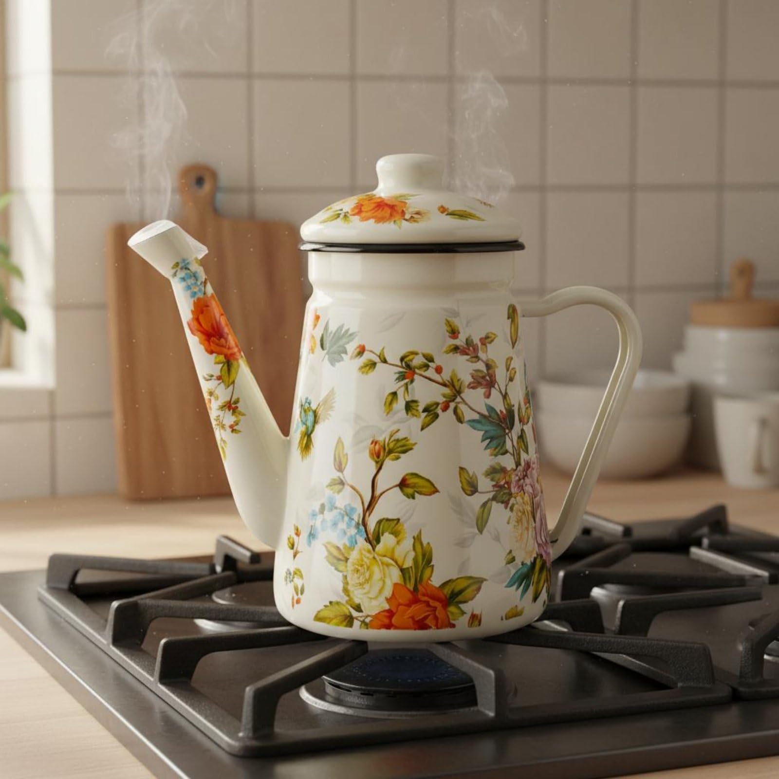 Contenitore per Bevande in Smalto con Coperchio Rimovibile per E Caffè con Motivo Floreale E Manico Comodo Adatto per