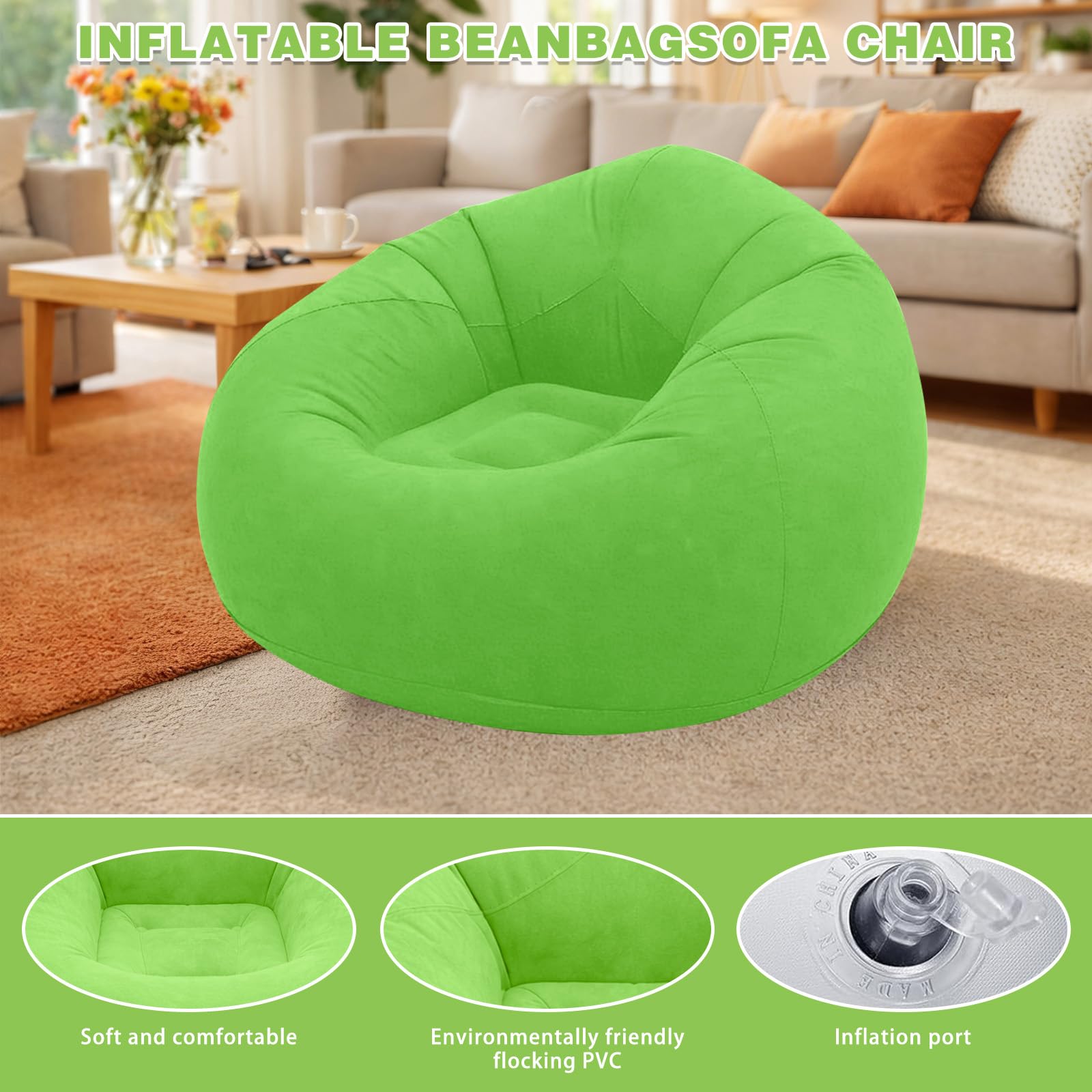 Aufblasbarer Sitzsack - 103x60cm Aufblasbares Sofa, Aufblasbarer Outdoor|Indoor-Sessel, Wohnzimmer Liegestuhl Schlafzimmer Sitzsack Superweich Bean Bag Lounge Sitzhocker Relax-Sessel, Grün