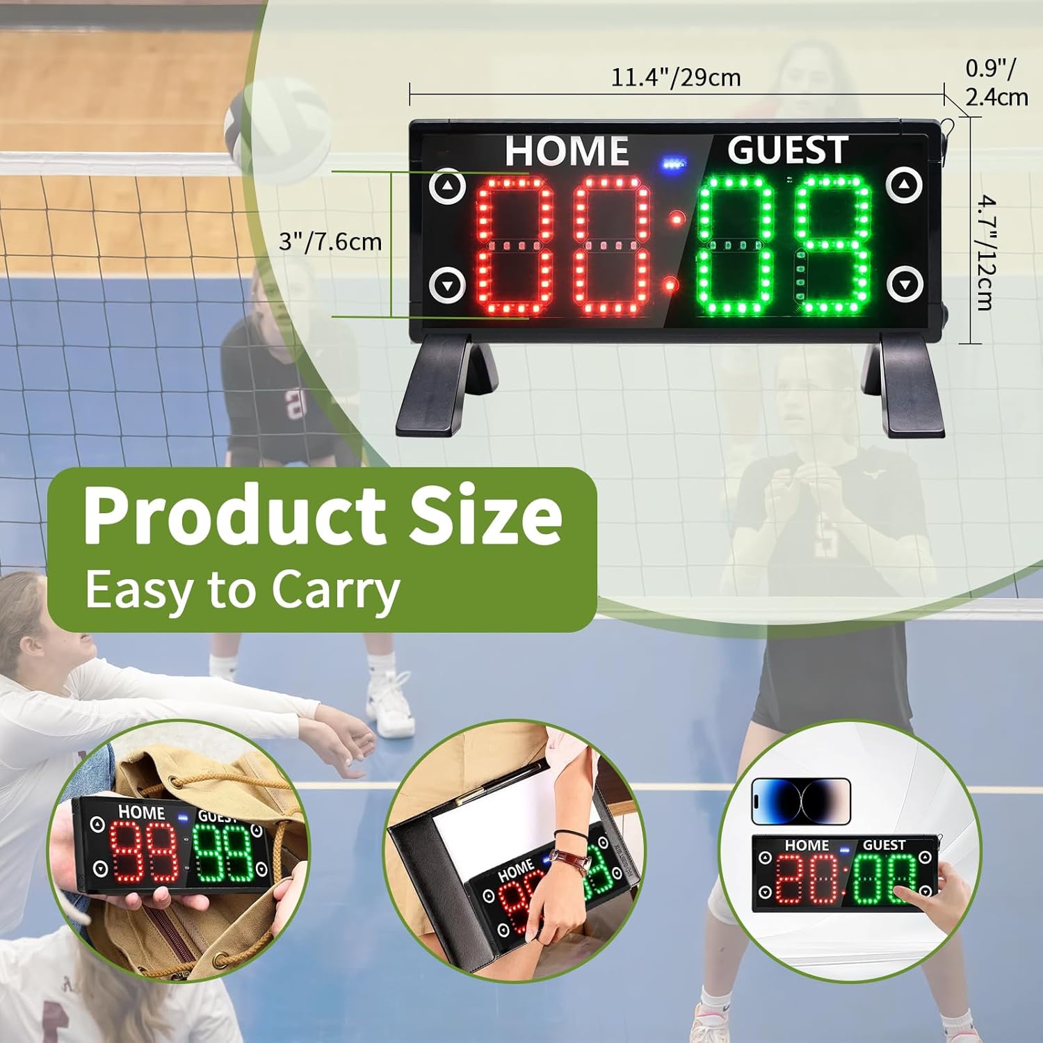 YZ Electronic Scoreboard showing dimensions and portability, with examples of it being carried in a bag and held.