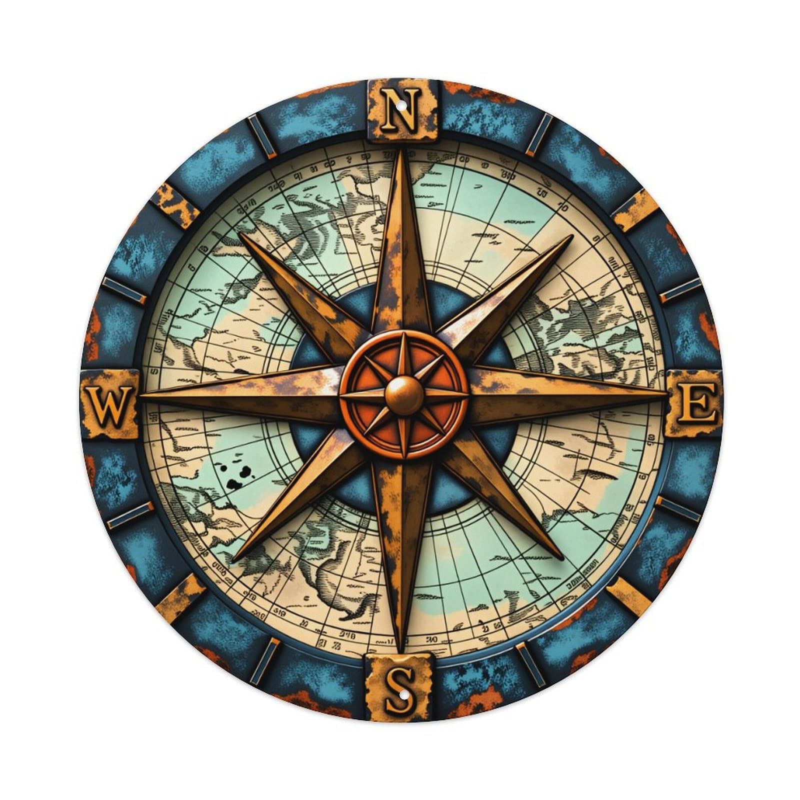 Vintage Compass Rose Map Design Round Tin Sign Vintage Metal Poster Retro Bar, Home, Man Cave, Kitchen, Laundry Room Wall Art Decor Gift 8x8Inch