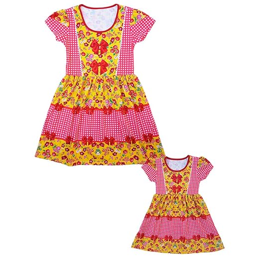 Vestidos Mãe e Filha Festa Junina Estampa Floral Xadrez Vermelho