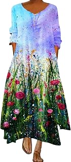 Women's Beach Dresses Fashion Printed Maxi Dresses A-line Flowy Hem Tunic Dress Crew Neck Long Sleeves Ankle Length Swing Dresses Irregualar Hem Party Dress Bohemian Dresses Swing Dresses