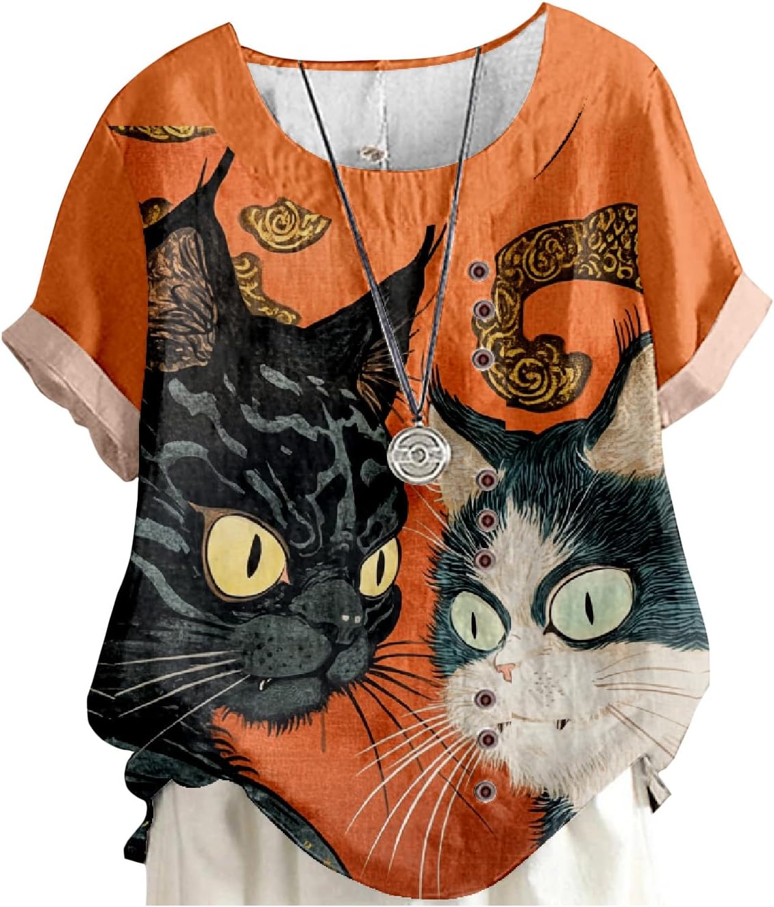 MARSVOVO Women's Tunic Tops Dressy Casual Blouses Novelty Print Outfits Decorative Buttons Plus Size Short Sleeve Shirts