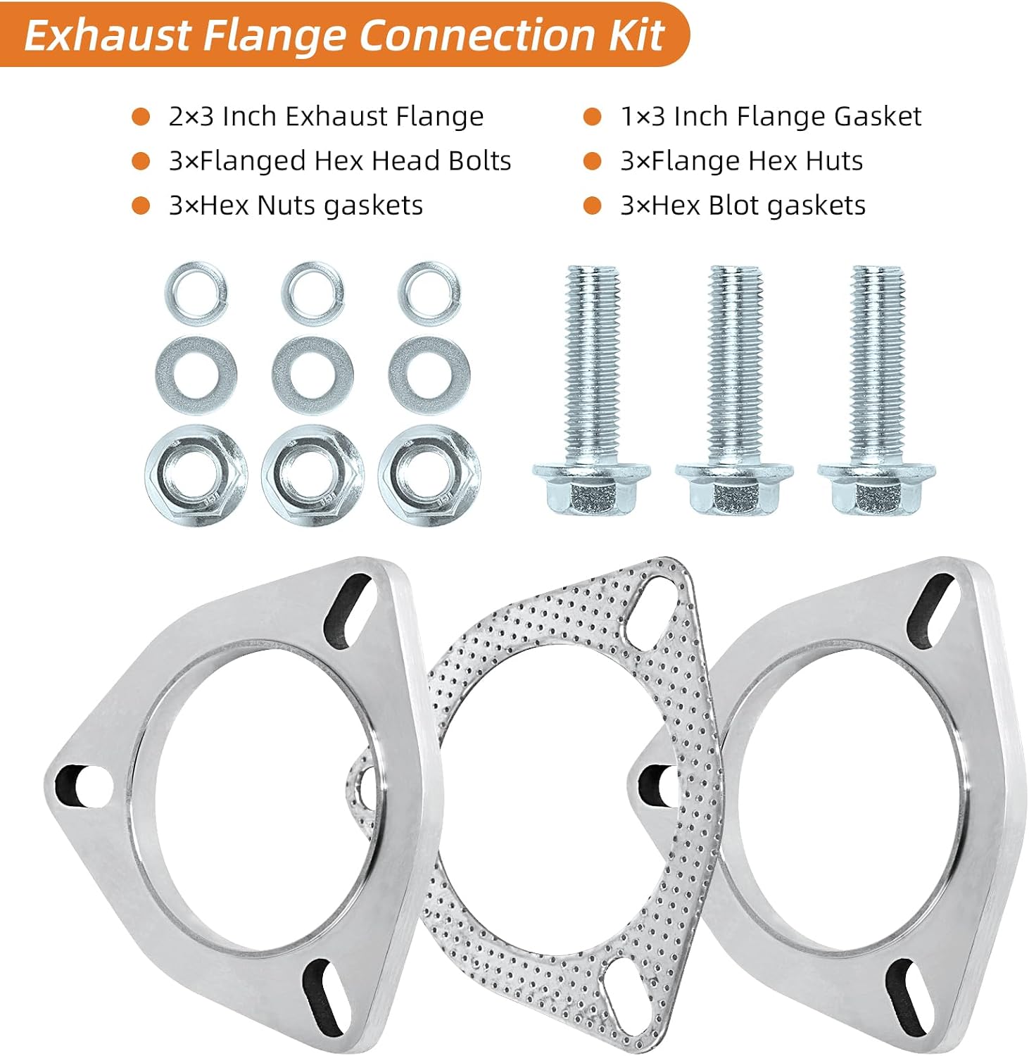 Exhaust Flange Connection Kit Stainless Steel, 3 Bolt 3 inch/76mm Exhaust Flange & Exhaust Gasket Connection Set with Bolts and Nuts for 76mm OD Pipes(2 Pcs Flange)
