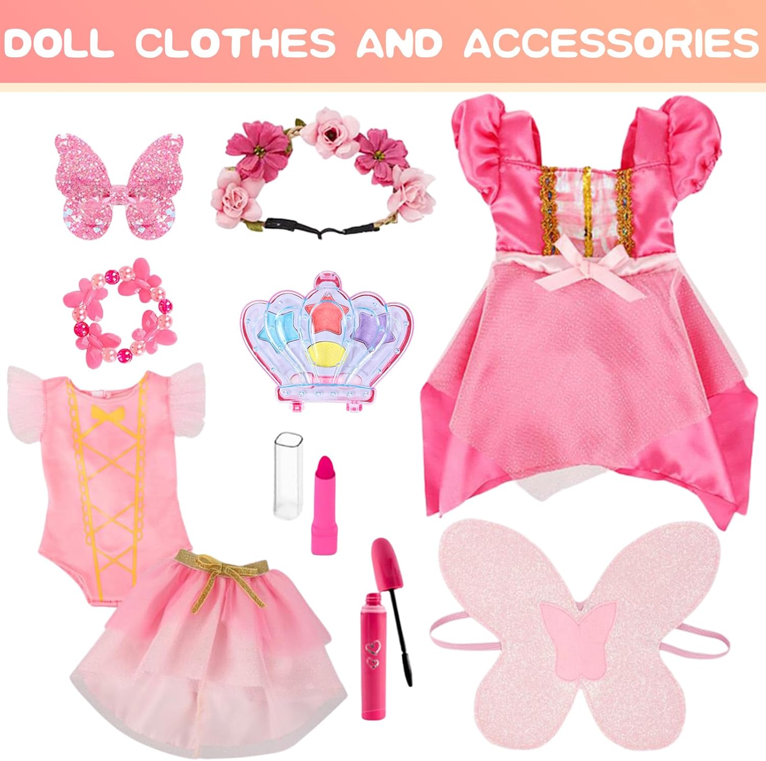American 18 Inch Doll Makeup Accessories and Butterfly Fairy Theme Set,Included 2 Pieces Clothes,Flower Wreath Headwear,Eyelash Brush,Eye Shadow,Bracelet,Butterfly Strap and Hair Clip(NO Doll) - Image 2