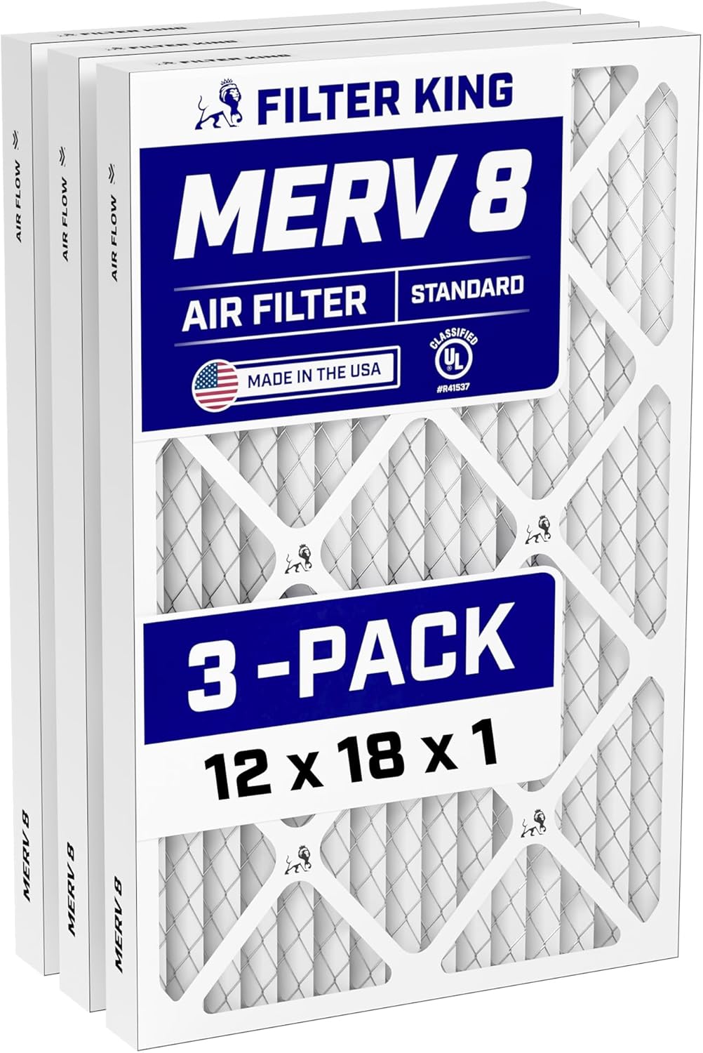 Filter King 19x19x1 Air Filter (MERV 8) (3-Pack) Dust & Allergy Control AC Furnace Filters, MADE IN USA, HVAC, Pleated, Electrostatic (Actual Size: 19 x 19 x .75)