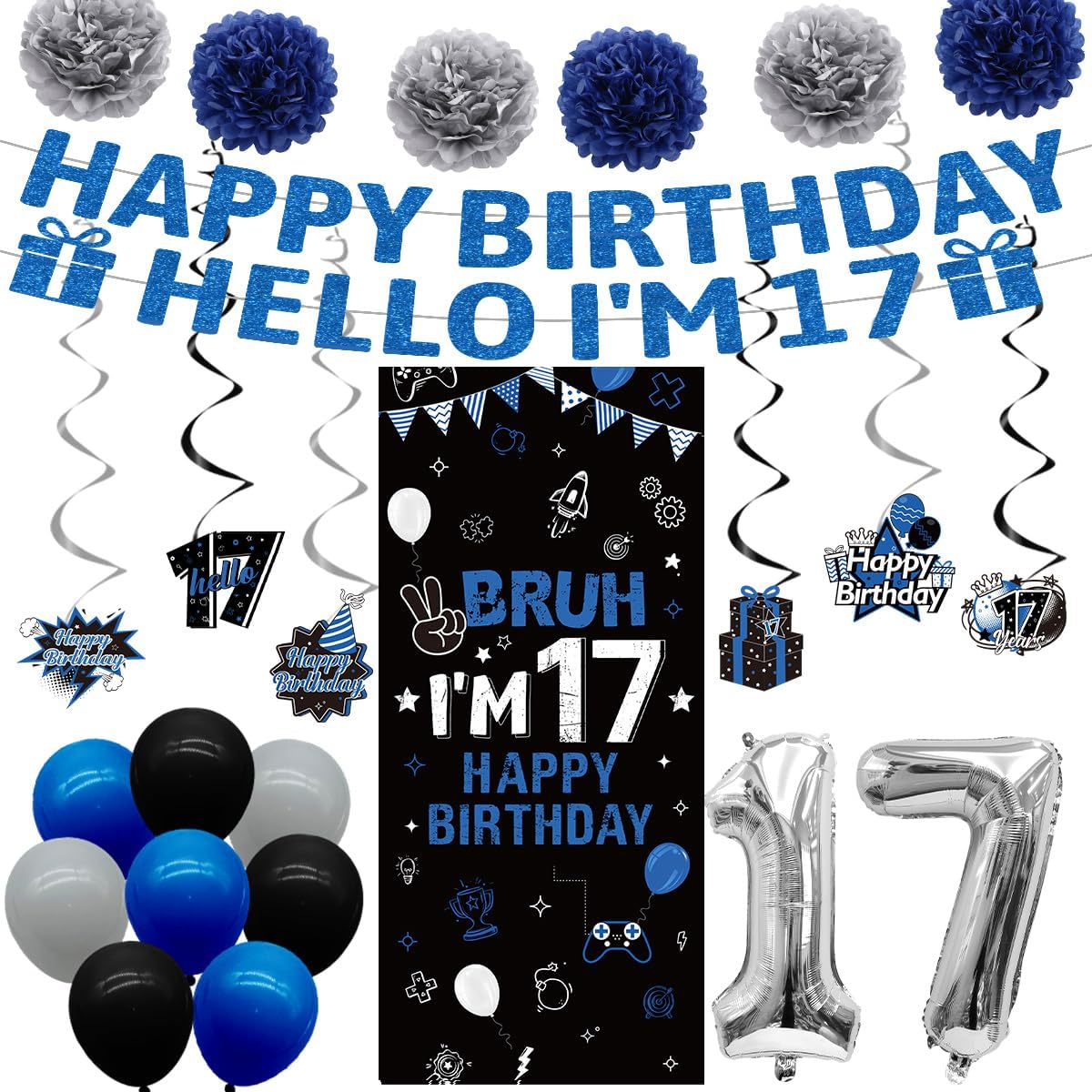17th Birthday Decorations for Boys Girls 37PCS Blue Black Bruh I'm 17 Happy 17th Party Decorations Backdrop, Banner, Hanging Swirls, Pompoms, Balloons, Cheers to 17 Years Seventeen Bday Party Supplies