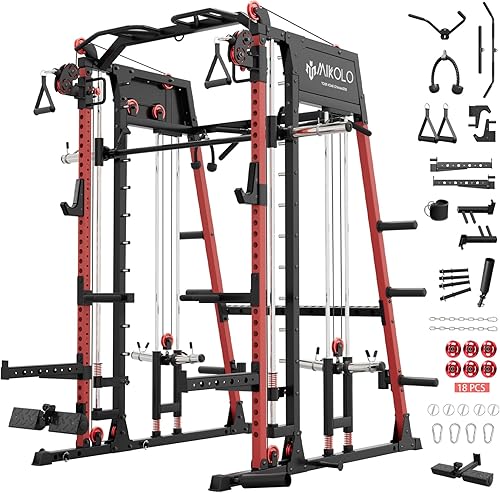 Miniatura 16 de Máquina de Smith Mikolo, banco de sentadillas de 2200lbs con sistema de tracción LAT y máquina de cruce de cables, equipo de entrenamiento con