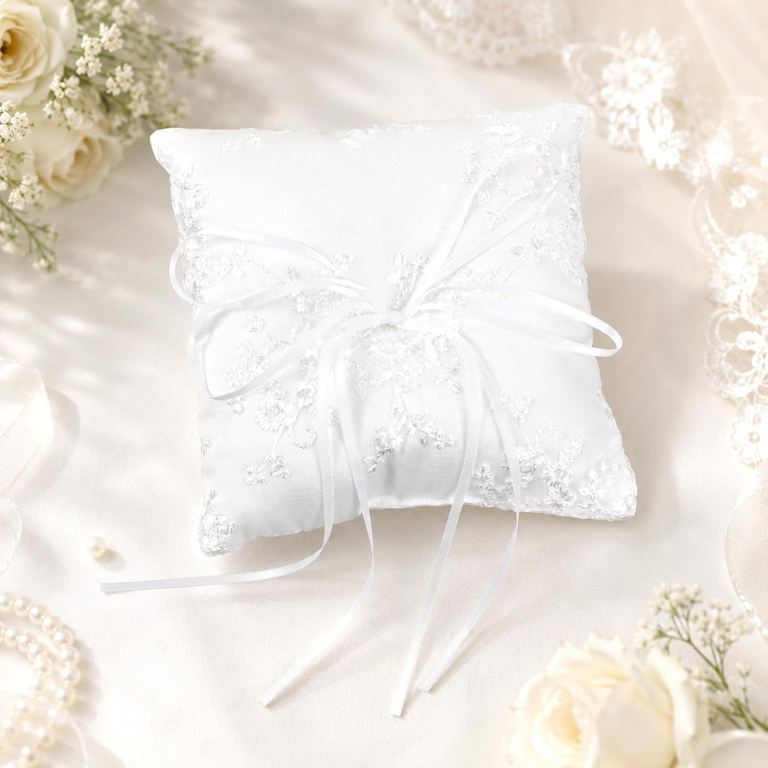 Ring Bearer Pillow, Flowers Lace Rings Bearer Pillows, 5.9"×5.9" | Big Bow Ring Bearer Pillows Ring Bearer Holder for a Beautiful Ceremony