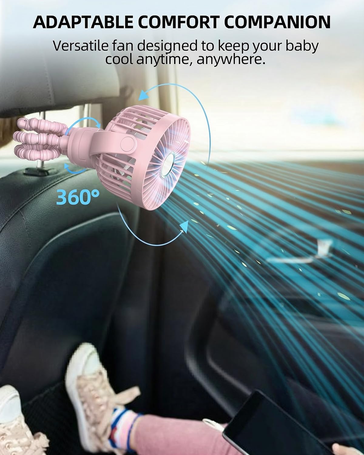 Tragbarer Mini-Ventilator für Kinderwagen, klein, wiederaufladbar, persönlicher Kühler mit 360° Drehung, 3 Geschwindigkeiten, Display, batteriebetriebenes Kinderwagen-Zubehör, Baby-Essentials für