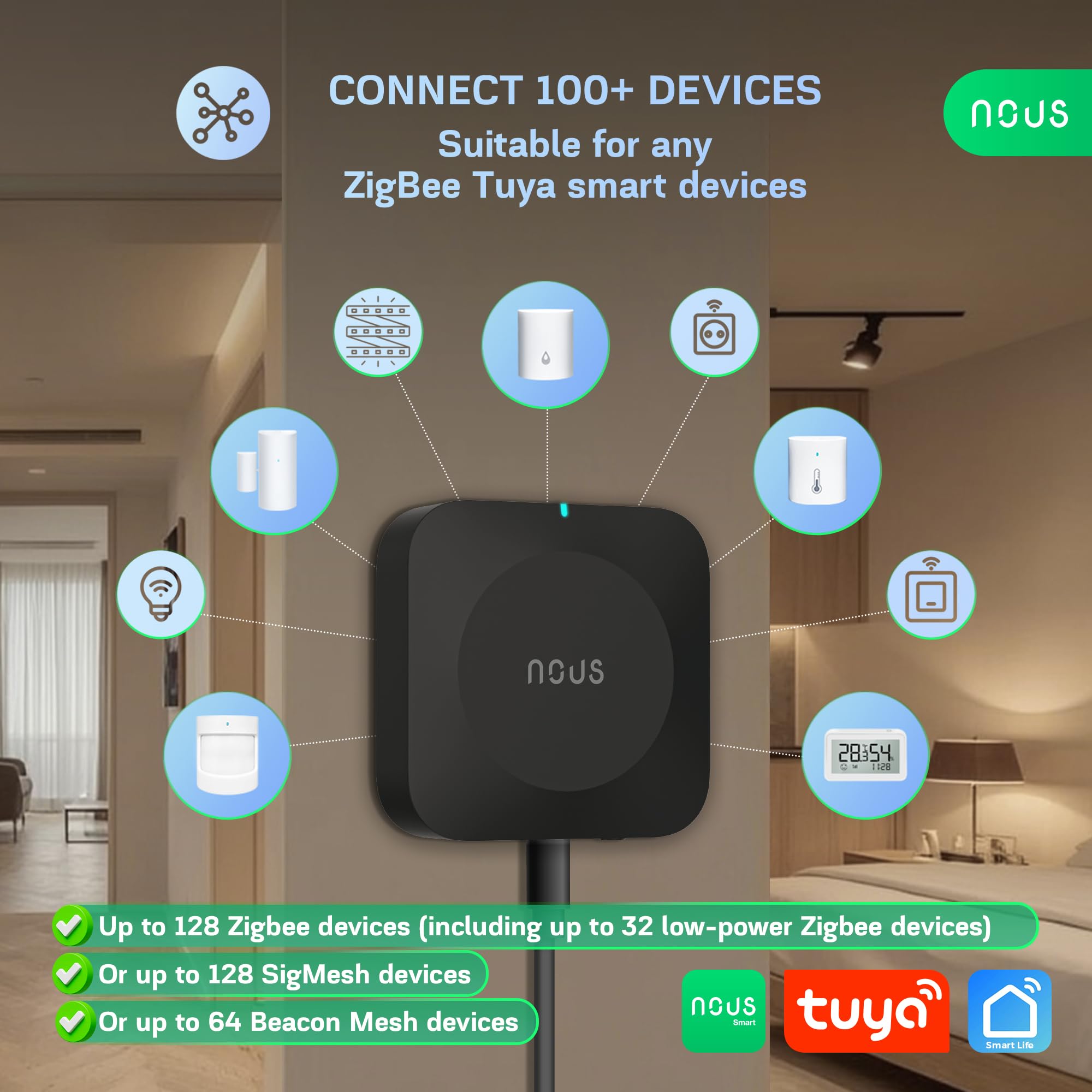NOUS E15 Gateway ZigBee 3.0 WiFi 2.4/5 GHz, Hub Domótica Inteligente, Control App, Compatible con Alexa y Google Home, Hasta 128 Dispositivosi, WiFi Double Bande