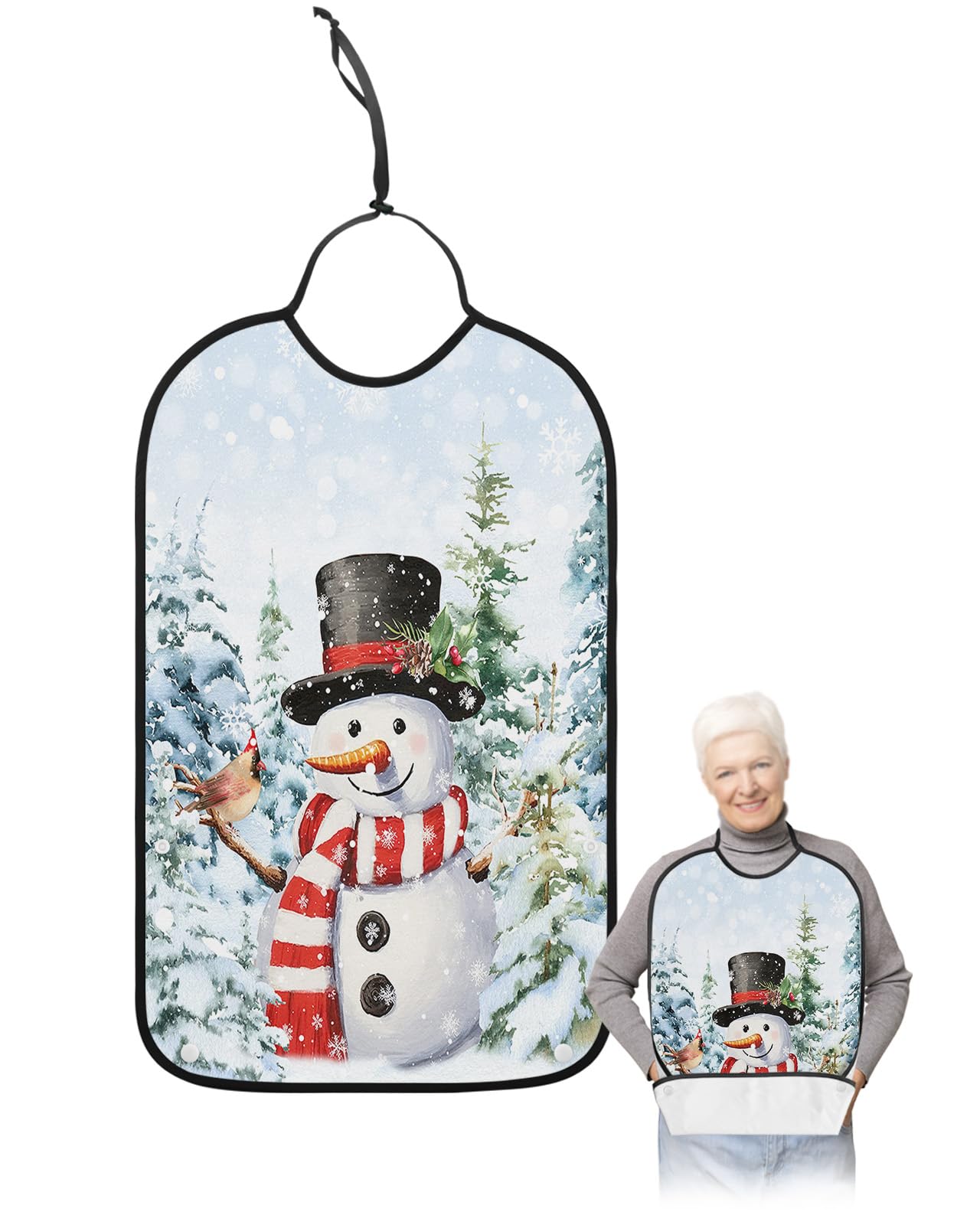 Red Christmas Snowman Adult Bibs for Eating, Waterproof Bibs with Food Catcher & Adjustable Snap Closure, Blue Green Xmas Tree Winter Snowflake Clothing Protectors Adult Bibs for Elderly Women/Men