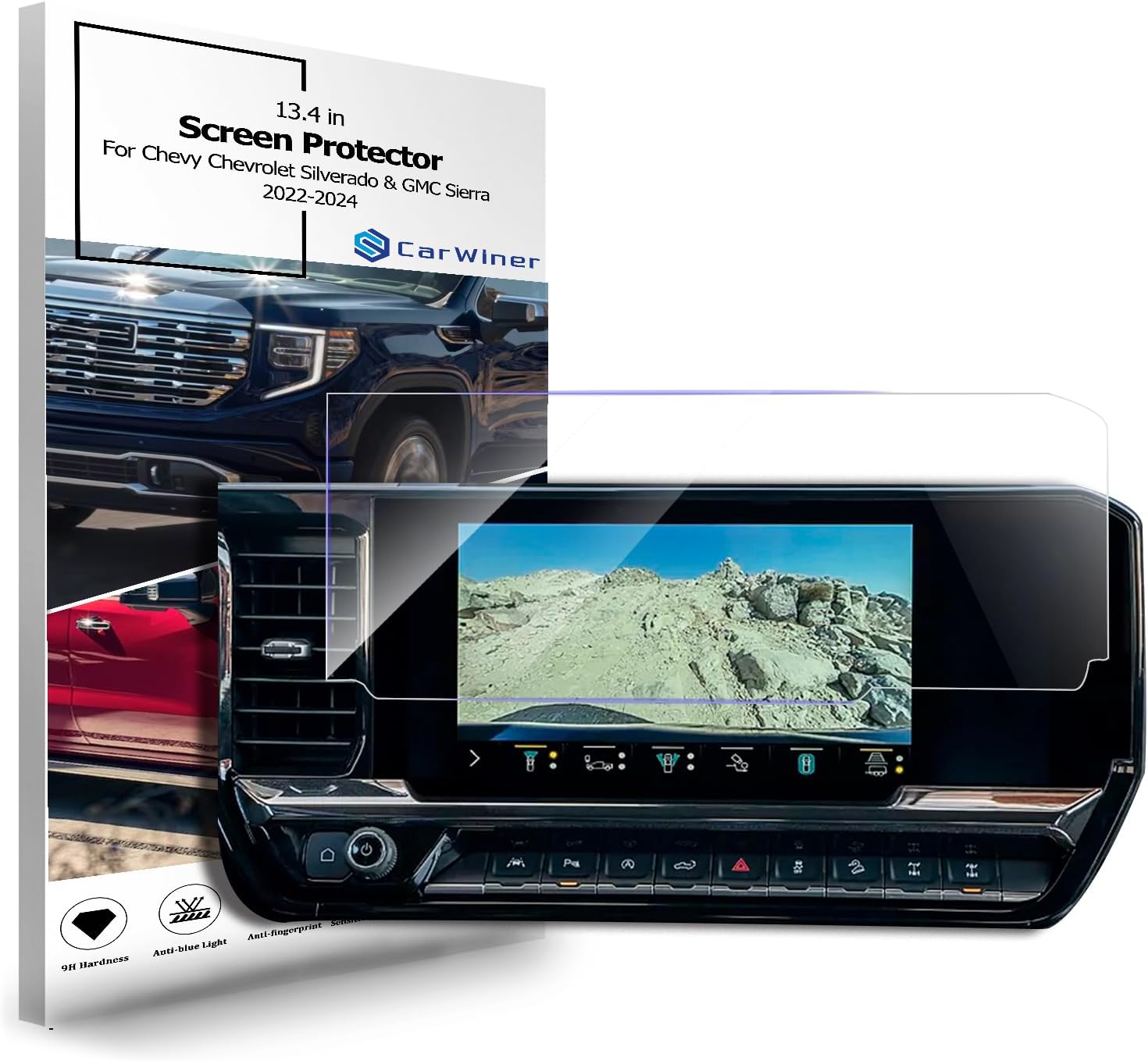 Carwiner Screen Protector for Chevy Chevrolet Silverado & GMC Sierra 13.4” 2022-2026 1500 2500 3500 for Chevy Silverado Anti Glare Fingerprint Navigation Protection Tempered Glass Accessories