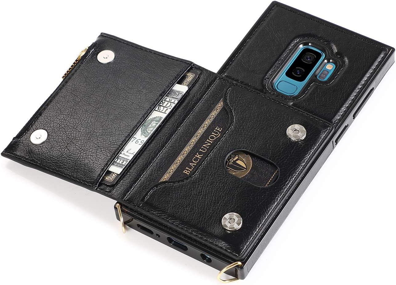 Galaxy S9+ Case,Leather Wallet Hnadbag Case with Card Slot Holder Wrist Strap Adjustable Crossbody Strap Handbag Magnetic Purse Zipper Protective for Samsung Galaxy S9+ 6.2"（Black