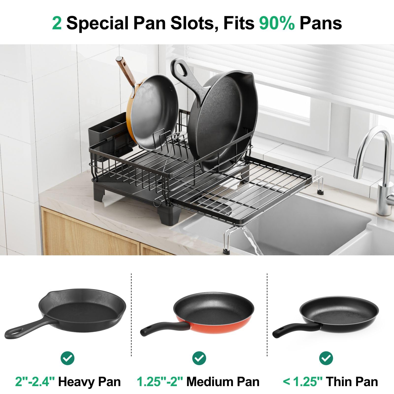 GSlife Escurridor de platos expandible con escurridor, multifuncional, 2 en 1, para encimera y fregadero de cocina, escurridor de platos grande con 2 ranuras para sartenes y soporte para utensilios,