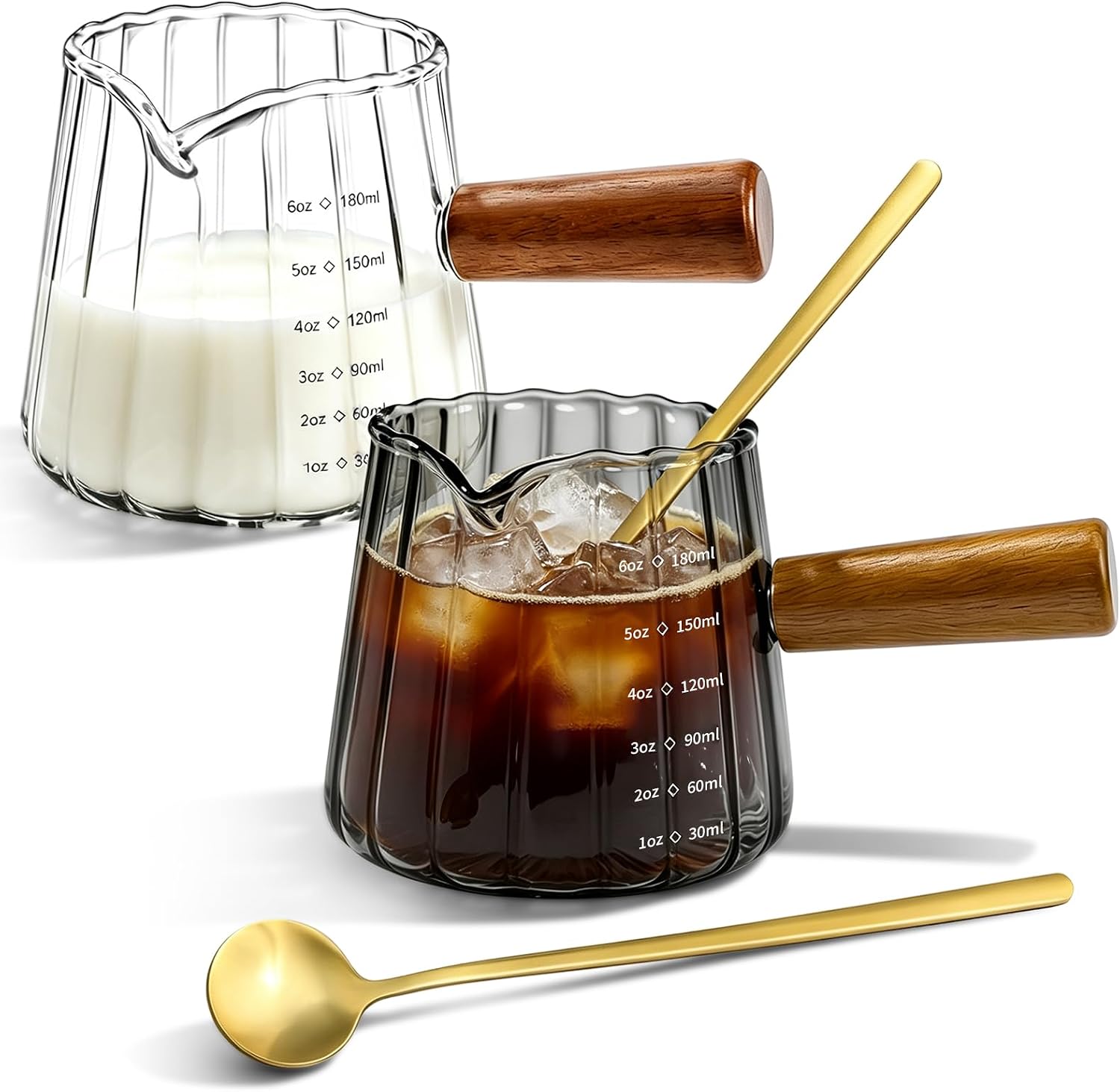 2Pcs Espresso Cups & Spoons, Ribbed Milk Frothing Cup, Espresso Accessories