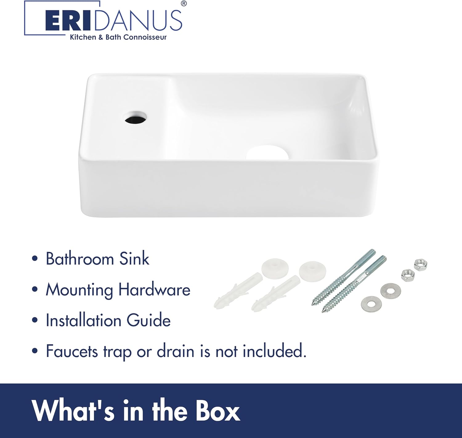 Eridanus Vessel Sink Bathroom Basin, Floating Wall Mount Ceramic Porcelain Rectangle 18" x 10", Modern Mini for Tiny Cloakroom Lavatory Corner Above Counter Vanity Save Space,Glossy White