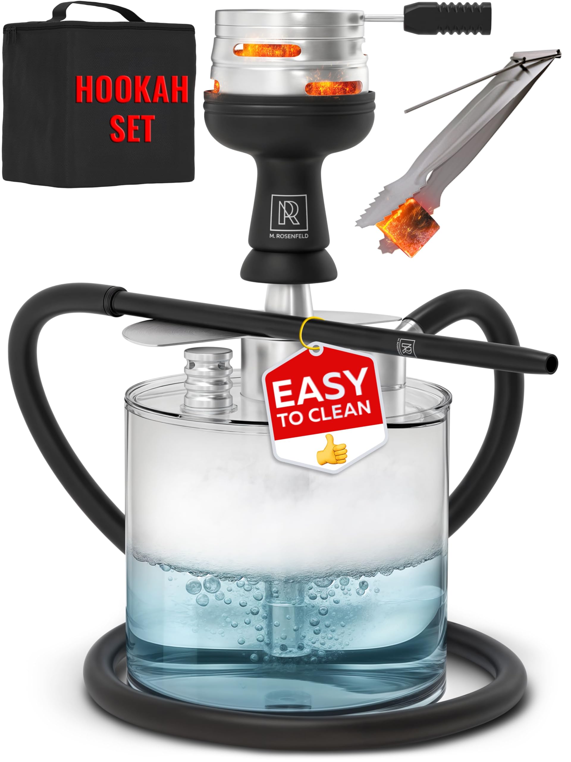 YADO Portable Hookah Set with Everything – Acrylic Hookah To Go with Big HOOKARTIS Charcoal Holder & Heat Management Device, Black Silicone Bowl Included Transparent