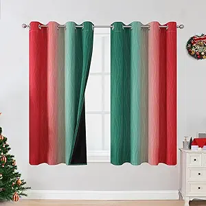 Estelar Textiler Red and Green Blackout Curtains 45 Inch Length, Full Room Darkening Ombre Drapes for Kitchen, Thermal Insulated Grommet Christmas Curtains for Basement, 52Wx45L, 2 Panels